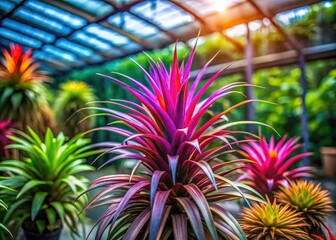 An exotic bromeliad, Tillandsia Antonio, flourishes indoors, captured in striking low-light greenhouse photography.