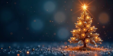 Naklejka premium Sparkling Christmas tree with glittering lights and stars against a blue and brown background, winter wonderland, holiday cheer, frosty scene