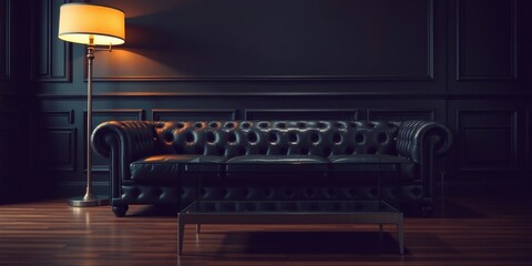 Elegant dark leather chesterfield sofa in a dimly lit room with a floor lamp and a glass coffee table