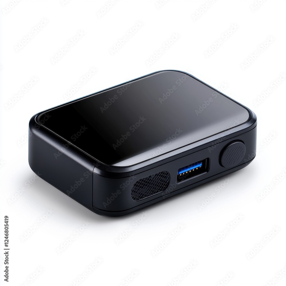 Poster compact black device with usb port and speaker on white background for technology and electronics us