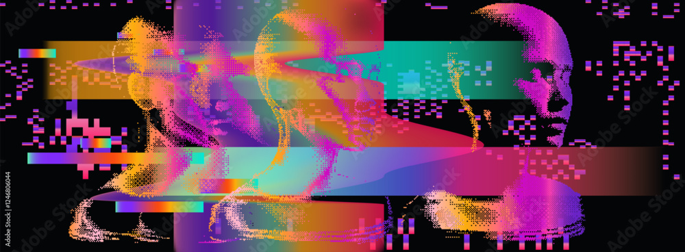 Aufkleber futuristic vector illustration of a pixelated human head in multiple exposures. a vibrant glitchy ra