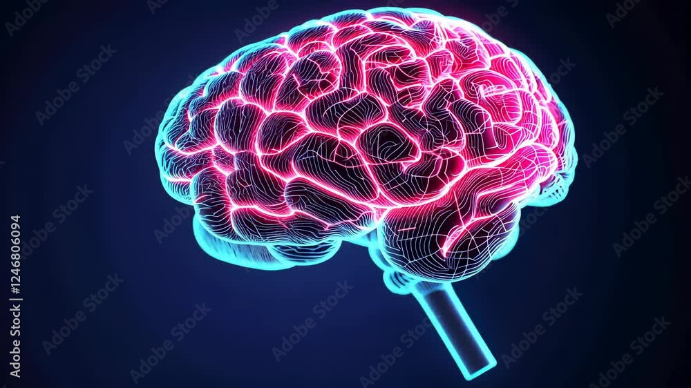 Poster glowing digital brain is sending information through its neural network, symbolizing artificial inte