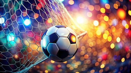 Fototapeta premium A perfectly placed shot: soccer ball in net, background bokeh highlighting the celebratory moment.