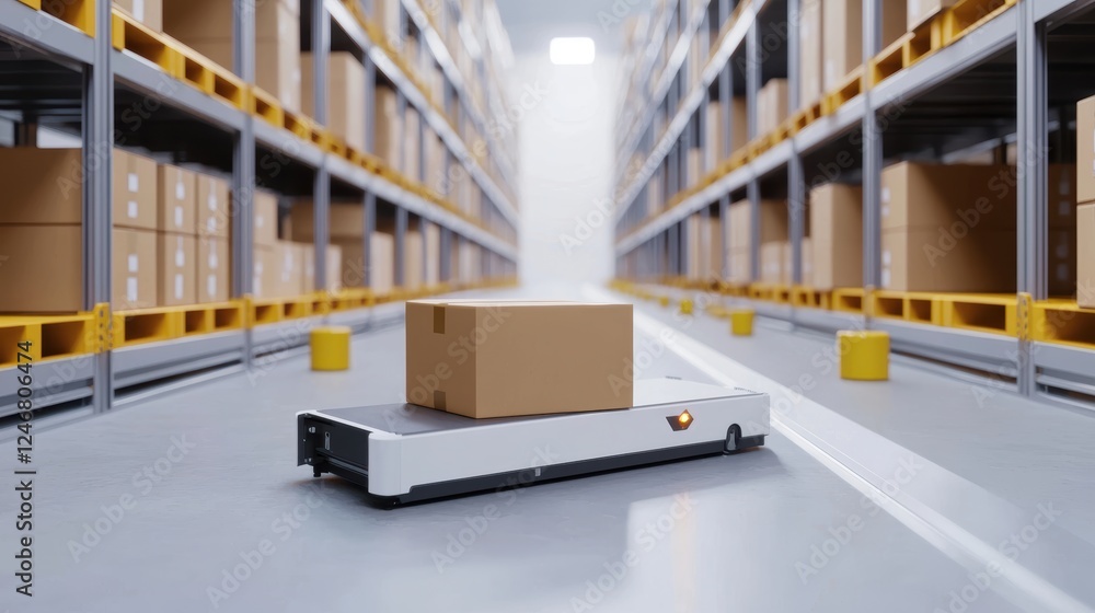 Poster smart warehouse setup with automated systems, efficiently packed boxes, and high shelving units, rep