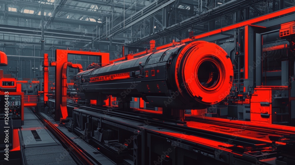 Poster smart factory environment with futuristic machines, digital overlays of engineering data, and roboti