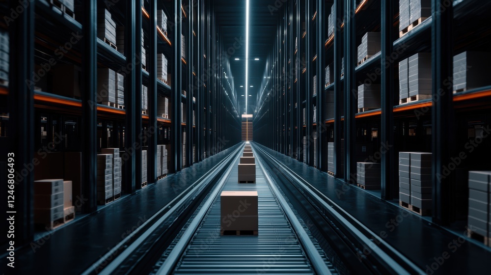 Poster smart warehouse setup with automated systems, efficiently packed boxes, and high shelving units, rep