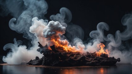 fire and smoke, burning embers, dramatic flame scene, fiery smoke effect, blackened firewood, mystical fire art, intense heat concept, smoke swirl flame, cinematic blaze, glowing fire texture