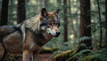 Obraz premium wolf standing on a forest path in close-up