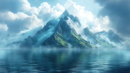 Naklejka premium Misty mountain peak, serene lake, cloudscape, travel poster