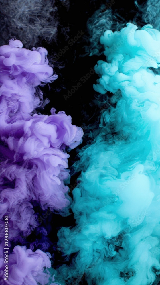 Poster the image features vibrant purple and turquoise smoke swirling against a dark background, creating a