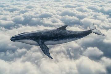 Majestic flying whale glides effortlessly among fluffy white clouds in a breathtaking sky