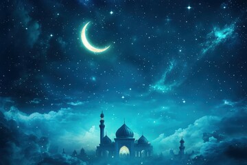 Naklejka premium A serene night sky showcases a glowing crescent moon against a deep blue backdrop. The tranquil atmosphere is perfect for stargazing and evokes a sense of peace and wonder.