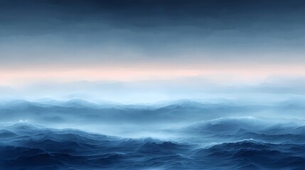 A serene view of the ocean showcasing various shades of blue, capturing the beauty and depth of the waves under a slightly cloudy sky at dawn.