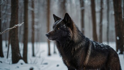 Obraz premium black wolf standing on a forest path in winter close-up
