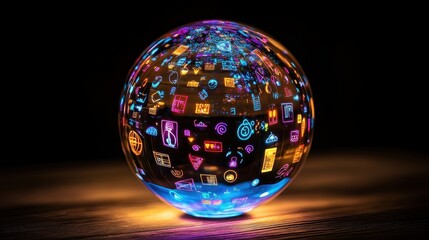 Business icons on glowing globe , black setting (close up, focus on, copy space) dazzling and lively tones Double exposure silhouette with glowing ball.