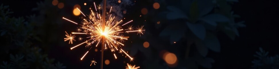 Sparkler on black background with bright sparks flying out, isolated decoration, night scene, celebrations