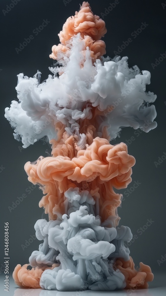 Poster a vibrant display of swirling smoke in shades of peach and white, creating an abstract and captivati