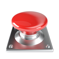 Glossy red button on a metallic base with transparent backdrop