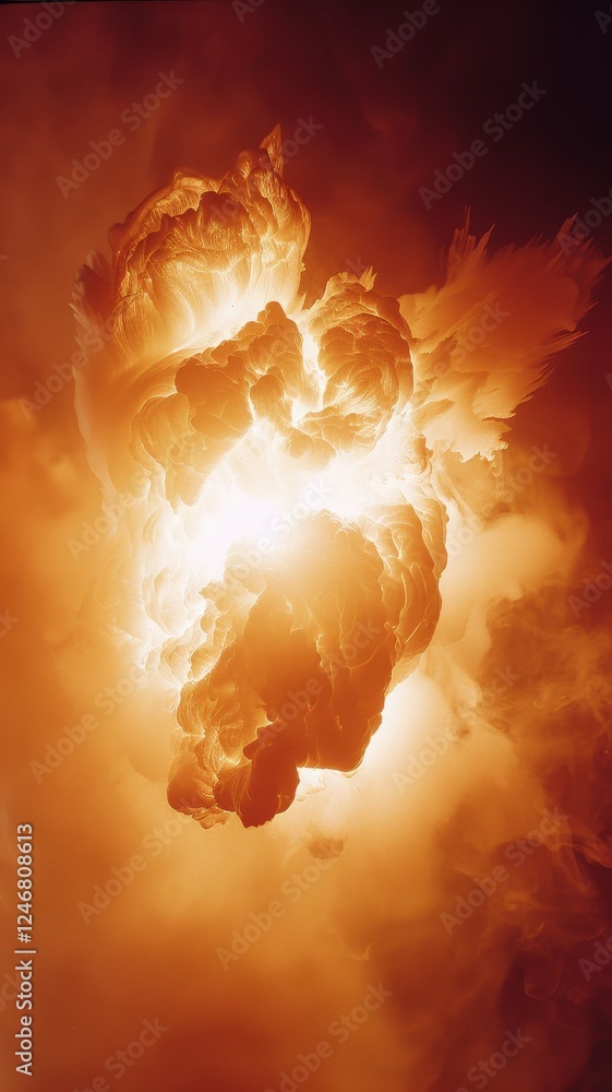 Poster a dramatic explosion emits intense light and fiery clouds, creating a striking visual effect against