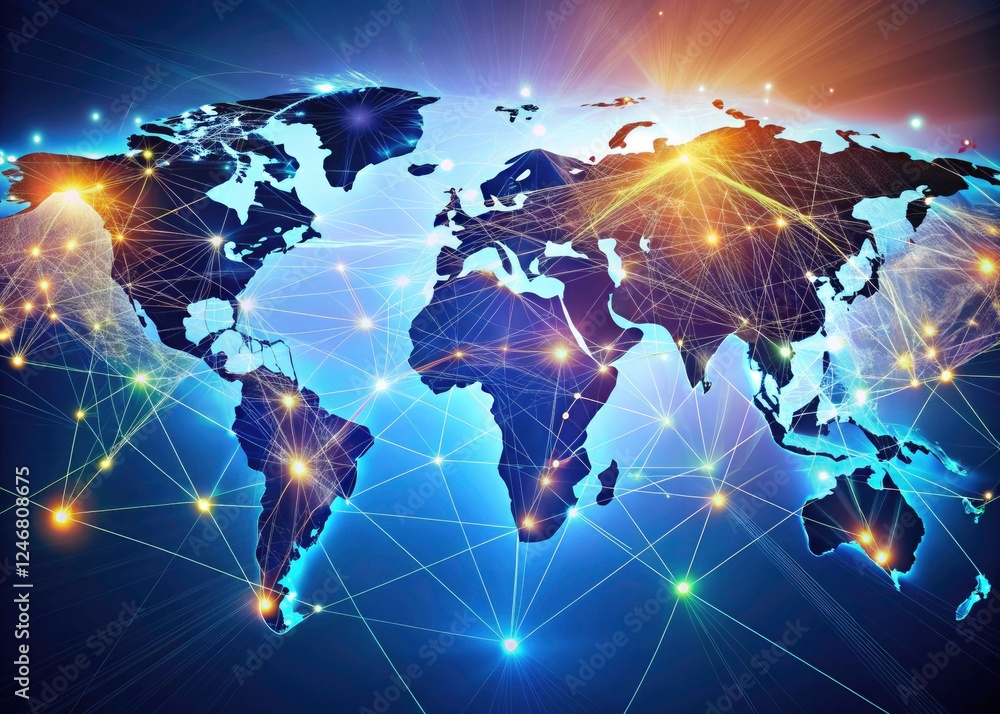 Poster Asia's global data network:  World map connectivity, advanced information technology, seamless point-to-point links.