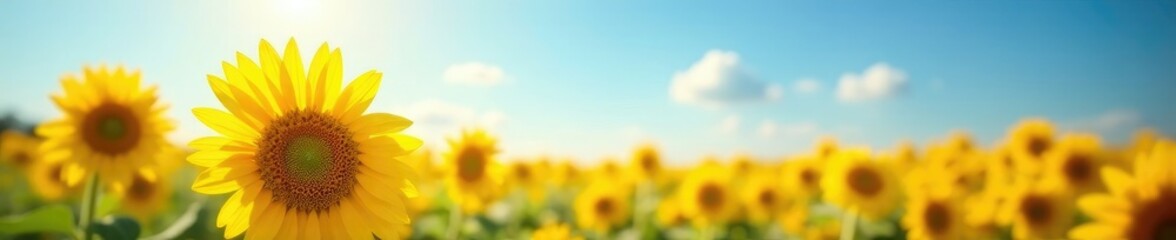 Obraz premium Glowing sunflower field under bright blue sky with subtle blur effect, flowers, natural