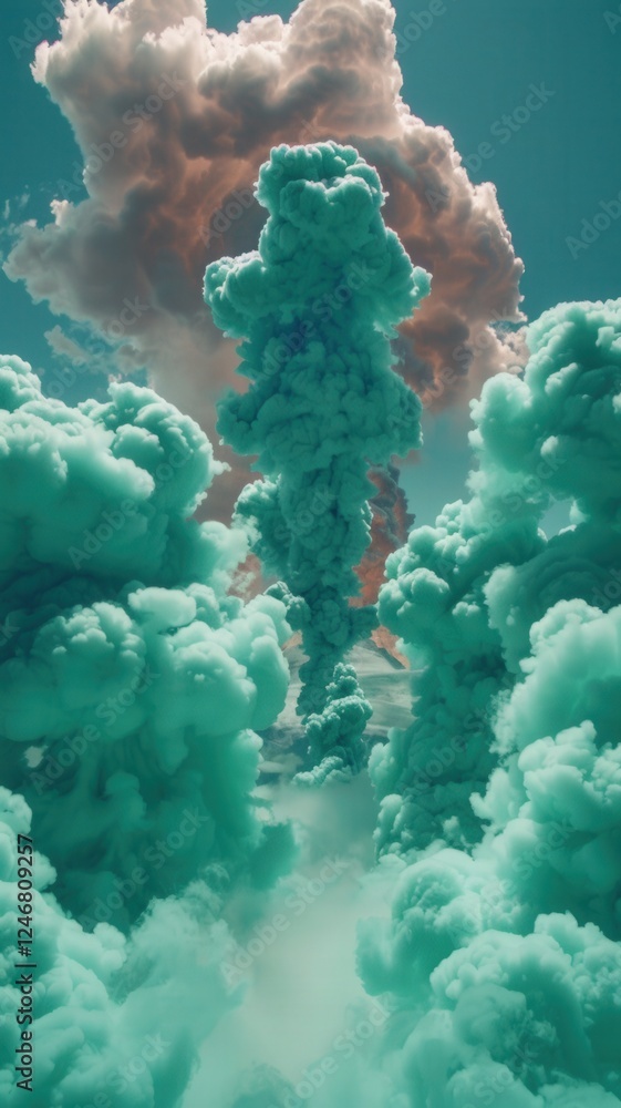 Poster a surreal display of colorful clouds rising in a dreamlike atmosphere, creating a captivating visual