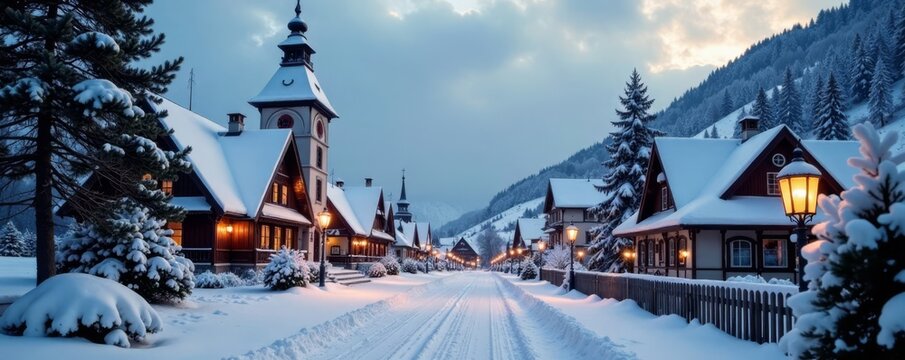 Snow-covered village of Seiffen Erzgebirge with decorated churches and lanterns, lanterns, village, Germany