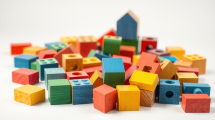 Obraz premium A colorful assortment of wooden blocks scattered on a white surface, perfect for educational play and creative building