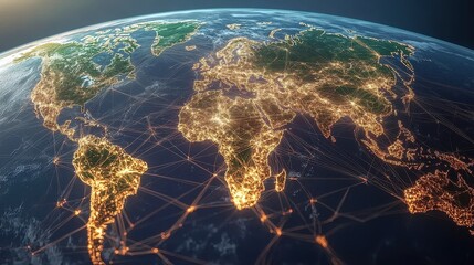 Digital globe with connected trade routes, global network, world trade. 