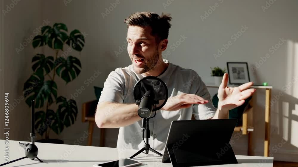 Poster Passionate content creator recording podcast episode, speaking animatedly into microphone while gesturing in slow motion home studio setting, capturing creative communication process