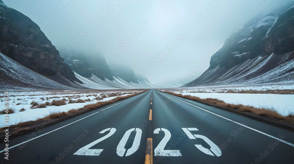 Poster empty road with 2025 marking surrounded by snowy mountains and fog creating a serene and mysterious 