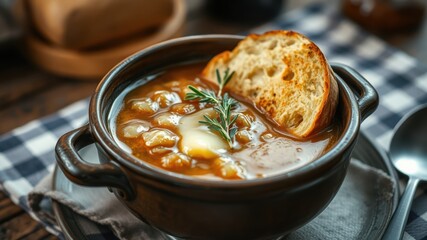 Warm and comforting onion soup, topped with toasted bread and melted cheese, served in rustic bowl