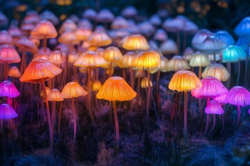 Fototapeta premium Vibrant bioluminescent mushrooms illuminate a mystical forest pathway during twilight hours