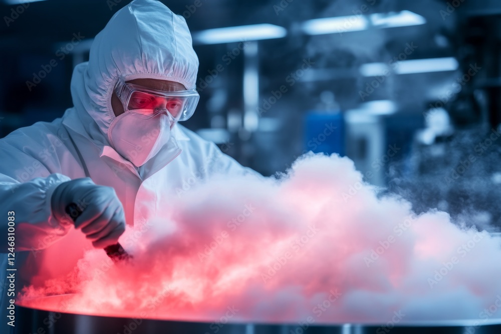 Poster A scientist in a white lab coat working with superconductors in a cryogenic lab