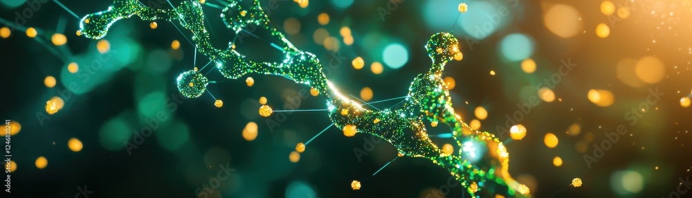 Poster a vibrant, abstract representation of molecular structures with glowing elements and a colorful back