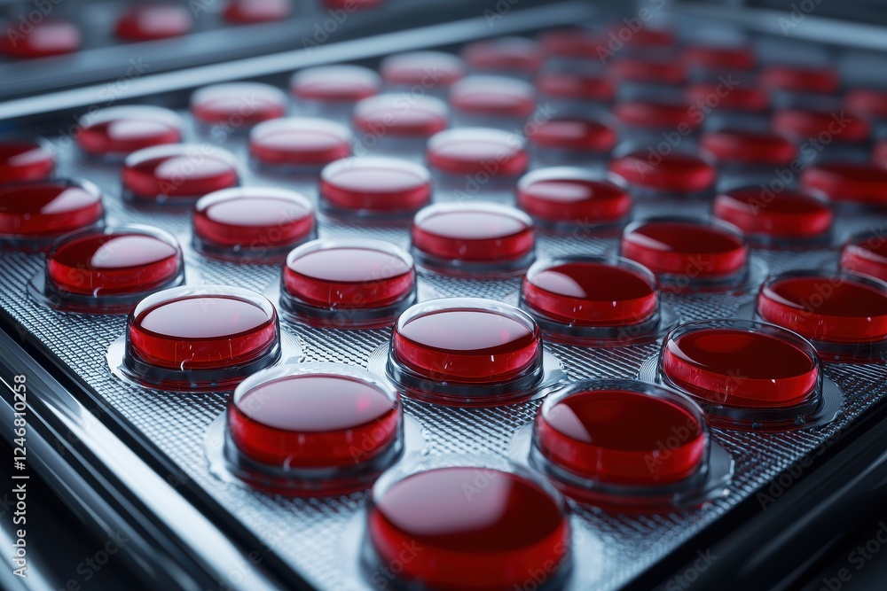 Poster a close-up view of a grid of red gel capsules arranged neatly on a metallic surface, showcasing thei