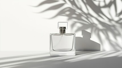 Obraz premium Luxury perfume bottle on white background with transparent glass sprayer and blue accents