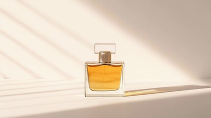 Luxury perfume bottle on white background with transparent glass sprayer and blue accents