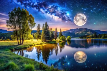 Fototapeta premium A tranquil summer night, stars twinkling, a full moon illuminates a peaceful scene.