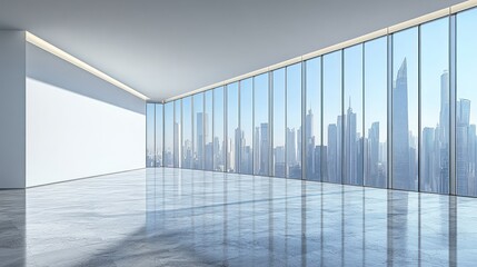 Modern empty office, city view, sunrise, presentation