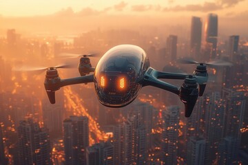 Obraz premium sleek autonomous flying vehicle with transparent dome gliding between gleaming skyscrapers bathed in golden hour light
