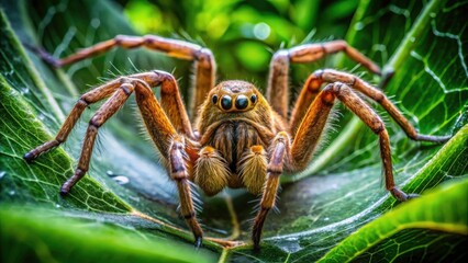 Fototapeta premium Australian huntsman spider's web, a delicate masterpiece captured in stunning macro detail. Jungle setting adds to the drama.