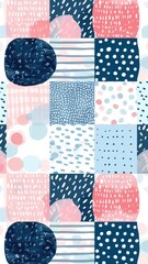 Obraz premium A colorful patchwork design featuring various geometric patterns and textures in shades of blue, pink, and white.