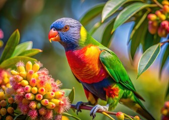 Naklejka premium Australian Rainbow Lorikeet's vivid colours shine while enjoying a meal in Darebin Parklands, Victoria.