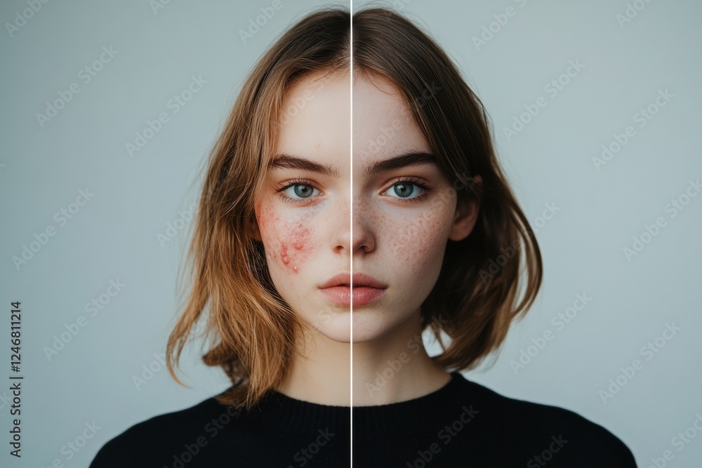 Poster Comparison of skin conditions highlighting acne and redness versus clear and glowing complexion with space for text. Generative AI