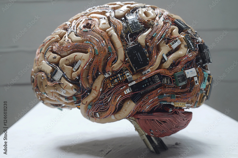 Fototapete futuristic brain design featuring circuit board elements merging technology with organic structure