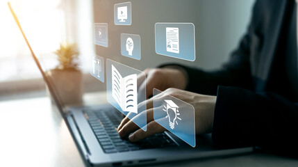 Digital internet lessons and online webinar on virtual screen.E-learning education.Education...