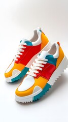 5. A pair of retro-inspired sneakers with bold colors and chunky soles on a white backdrop.