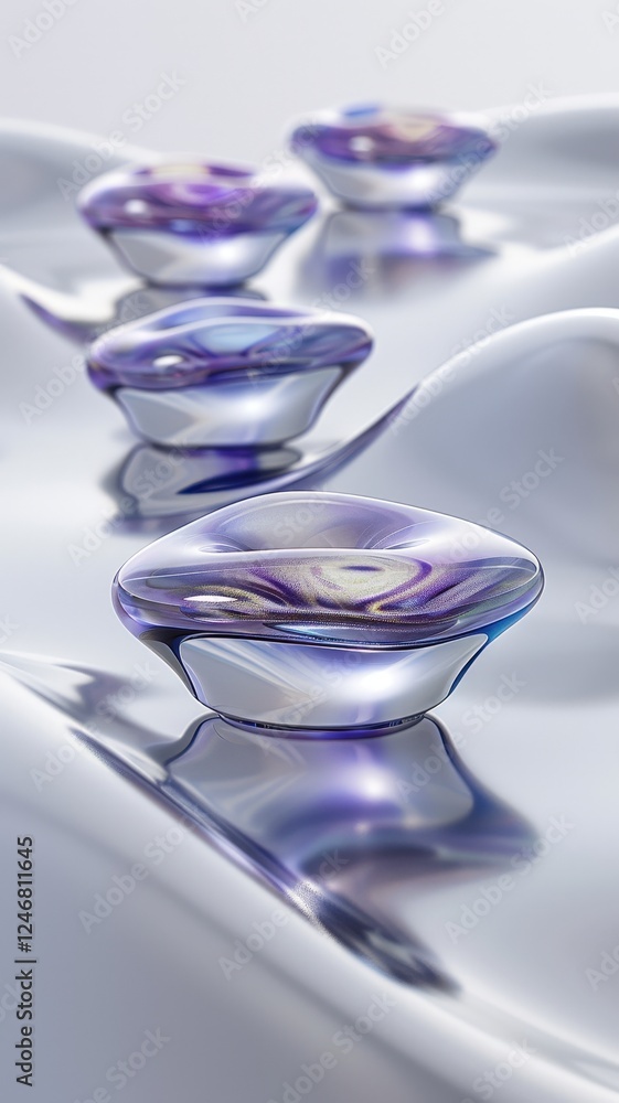 Poster delicate glass objects with purple hues are arranged on a smooth, reflective surface, creating a ser
