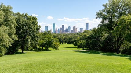 Obraz premium City skyline view from park, green grass, summer day, urban landscape, travel photo